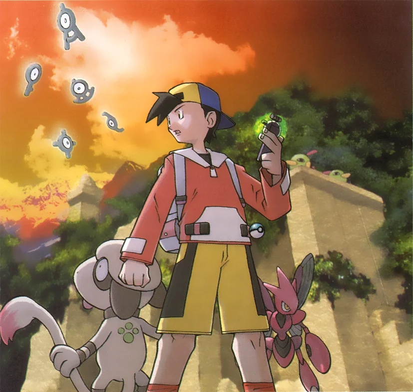 Gold, with his Pokegear, Smeargle and Scizor, being confronted by mysterious floating Unown.